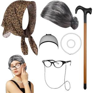 Déguisement Vieux, Perruque Vieille Dame Lunettes avec Chaîne Collier de Perles Accessoires, Deguisement Drole Femme Ehpad pour Enfant Adulte Halloween Cosplay Carnaval(Standard)