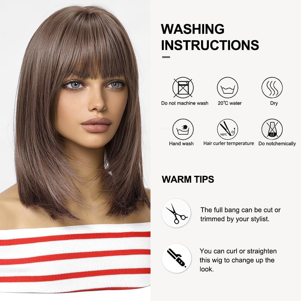 imagePerruque Bob Brune avec Frange pour Femmes Perruque Courte Et Droite Perruque Een Cheveux Synthtiques Cosplay Utilisation Quotidienne pour La FteBrun 82851