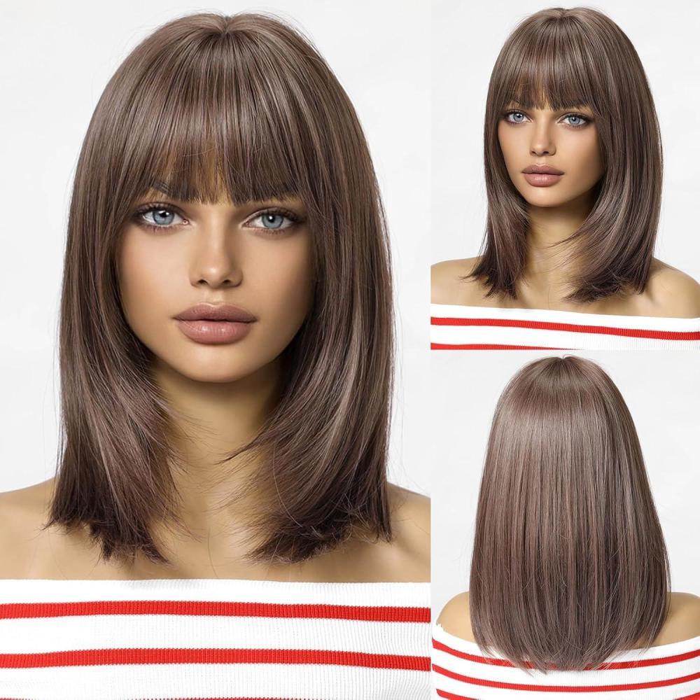 imagePerruque Bob Brune avec Frange pour Femmes Perruque Courte Et Droite Perruque Een Cheveux Synthtiques Cosplay Utilisation Quotidienne pour La FteBrun 82851