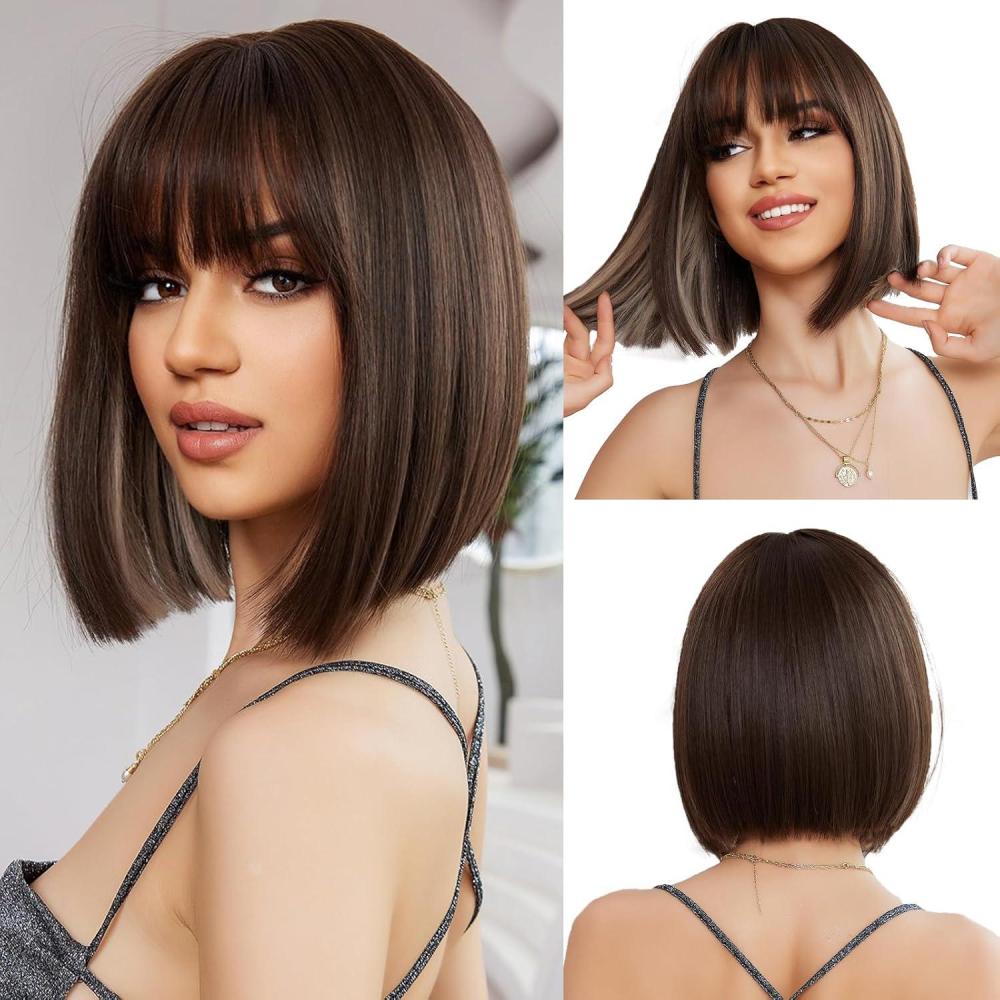 imagePerruque Bob Brune avec Frange pour Femmes Perruque Courte Et Droite Perruque Een Cheveux Synthtiques Cosplay Utilisation Quotidienne pour La FteBrun 81801