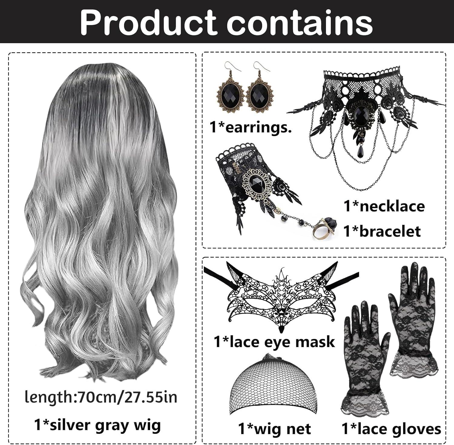image7 Pcs Perruque Femme Set Perruques De Carnaval pour Femmes Ensemble De Perruques Gothiques Collier Gothique Masque Dentelle Gants 70cm Argent Boucl Perruque Longue pour Carnaval Cosplay