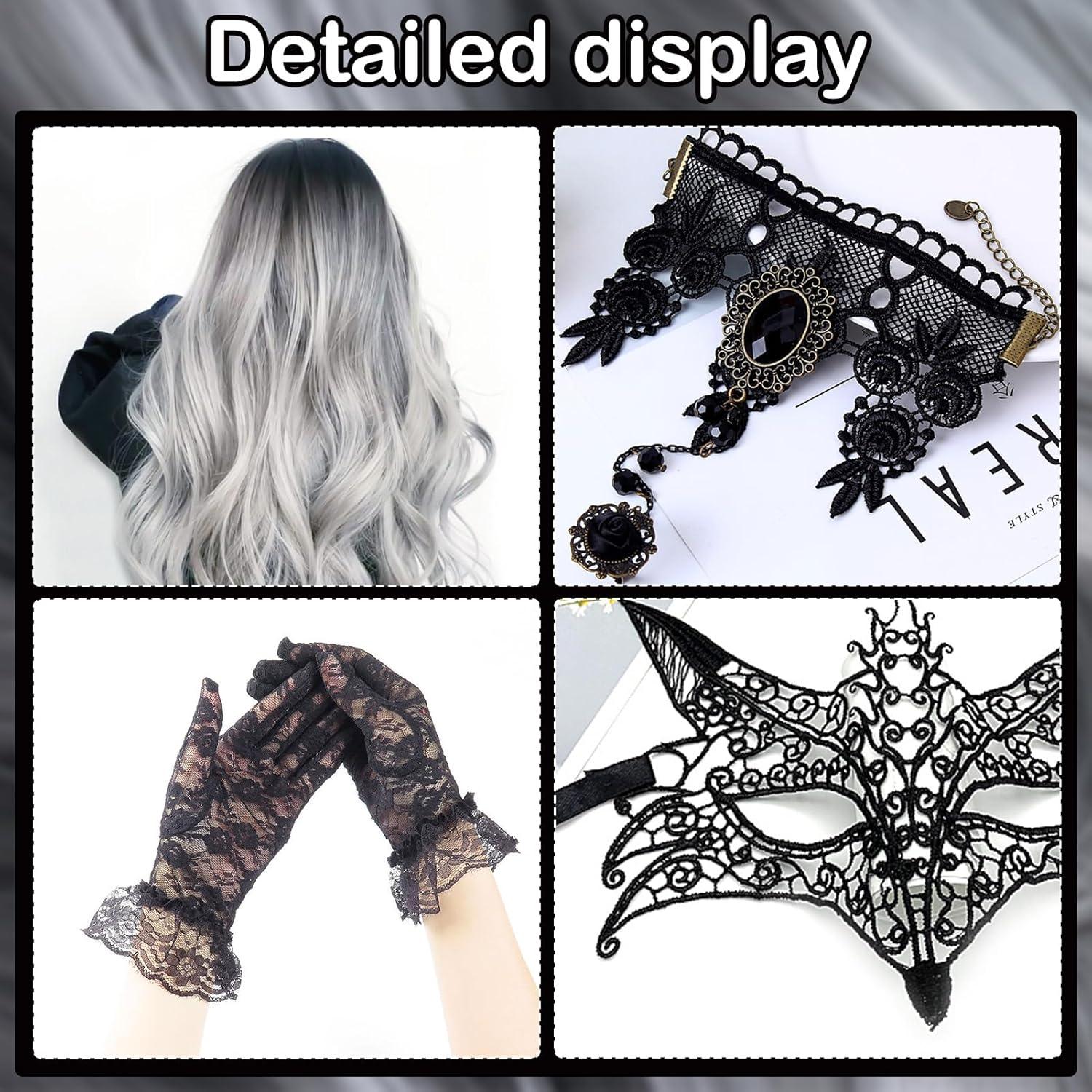 image7 Pcs Perruque Femme Set Perruques De Carnaval pour Femmes Ensemble De Perruques Gothiques Collier Gothique Masque Dentelle Gants 70cm Argent Boucl Perruque Longue pour Carnaval Cosplay