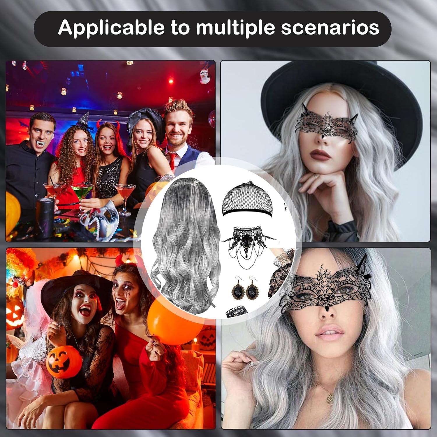 image7 Pcs Perruque Femme Set Perruques De Carnaval pour Femmes Ensemble De Perruques Gothiques Collier Gothique Masque Dentelle Gants 70cm Argent Boucl Perruque Longue pour Carnaval Cosplay