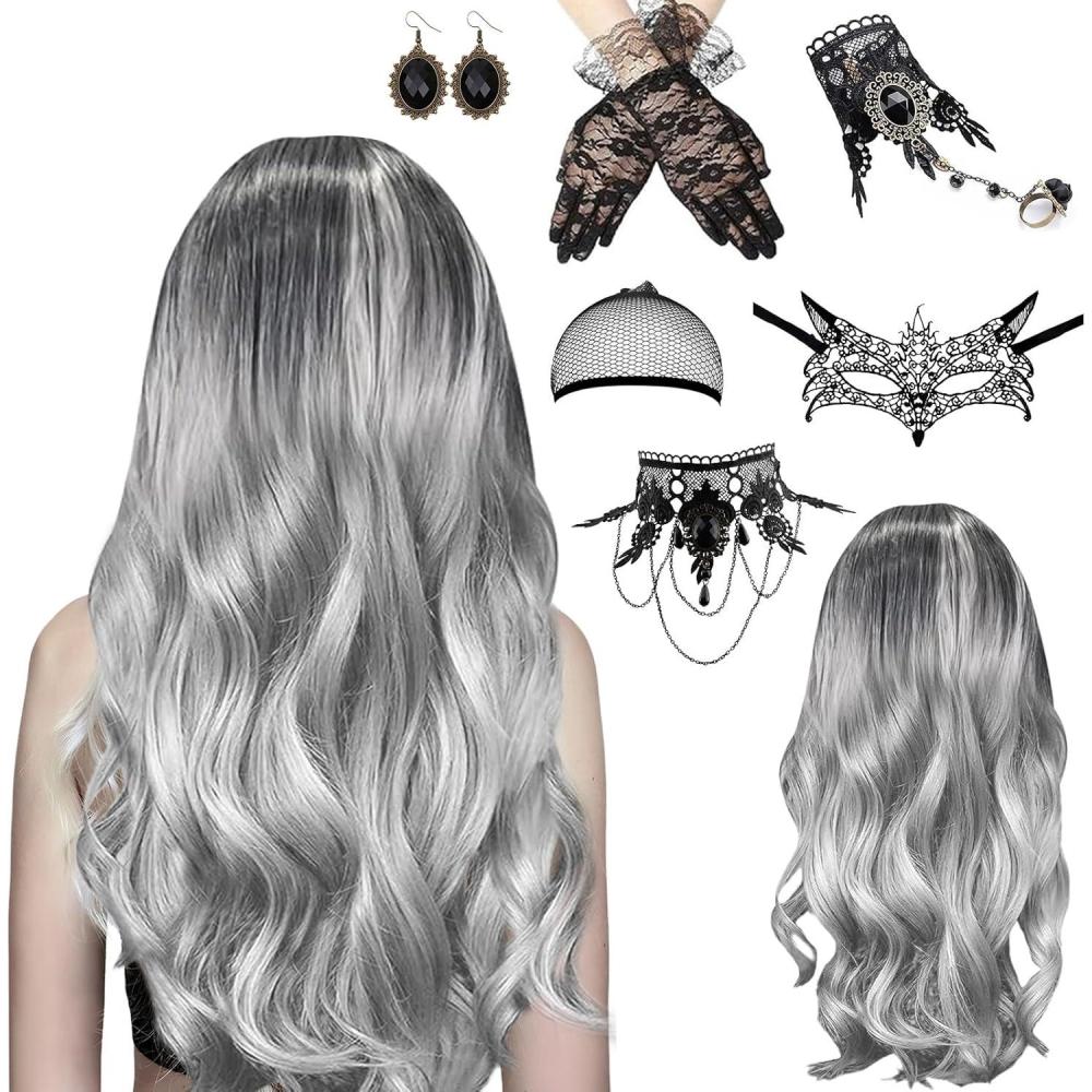 image7 Pcs Perruque Femme Set Perruques De Carnaval pour Femmes Ensemble De Perruques Gothiques Collier Gothique Masque Dentelle Gants 70cm Argent Boucl Perruque Longue pour Carnaval Cosplay