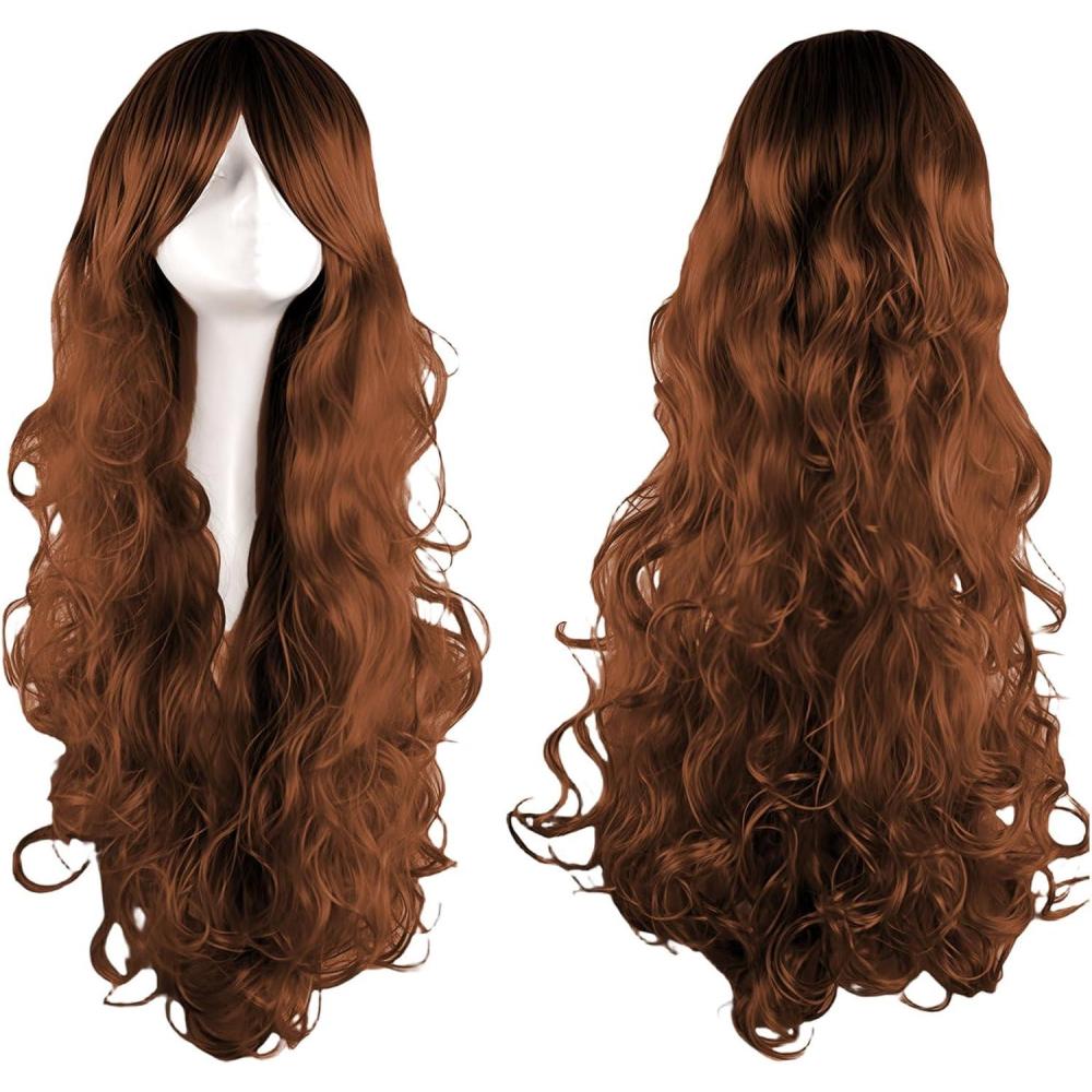 imageAYNKH Perruque Femme Ondule 60 cm Couleurs Brun Couches Frange Droite en Fibre Synthtique Style lgant pour Cosplay Ftes Usage Quotidien Longueur Parfaite