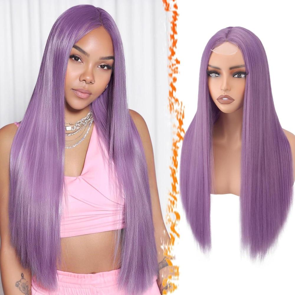 imageBARSDAR Longue Raides Platine Blond Perruque Longue Raides Partie Centrale Perruque pour Femmes 71cm Daspect Naturel Synthtiques Perruques de Cheveux Cosplay Halloween Brun Fonc Costume PerruquesViolet