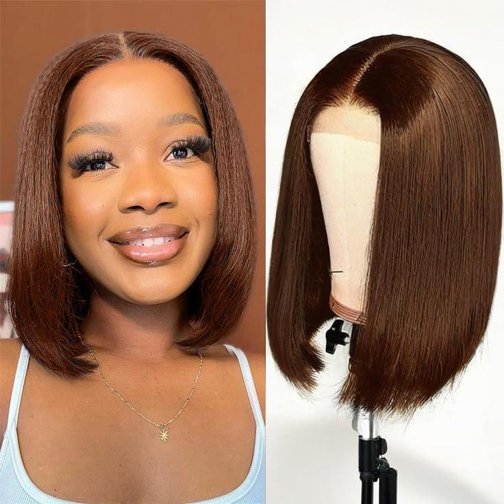imagePerruque Femme Naturelle Bresilienne Lace Frontal FreePart Cheveux Humain 4X4 Lace Wig Human Hair Perruque Naturelle Courte Lisse Straaight Bob Wig Color Noire 8 Pouces4x4 Lace BobChocolate Brown