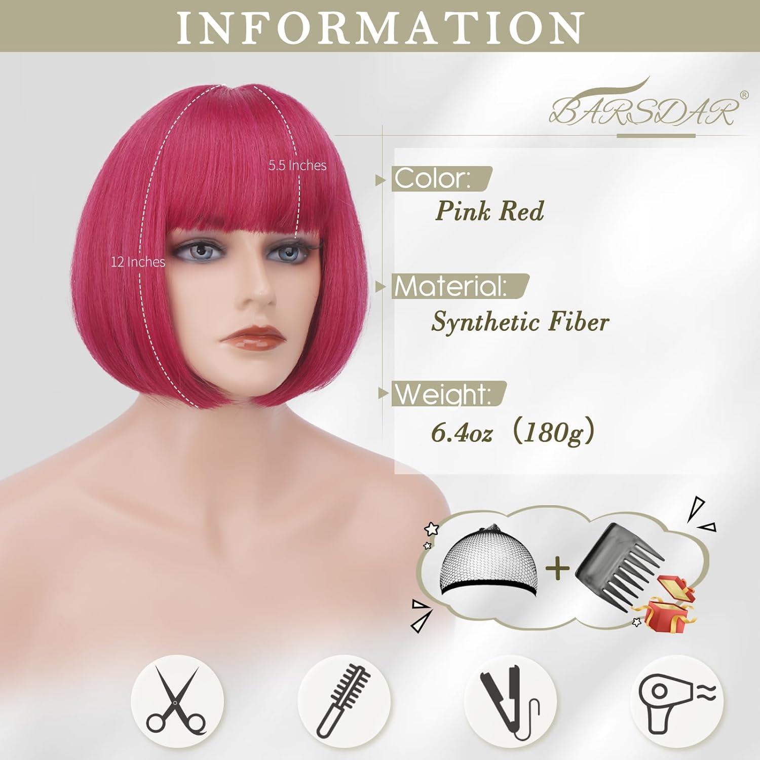 imageBARSDAR Courte Bob Perruque avec Franges 30cm Auburn Perruque pour Les Femmes Courte Cuivr Perruques Naturel Droite Synthtiques Synthtiques Rsistantes la Chaleur Perruques Cuivr AuburnRose Rouge