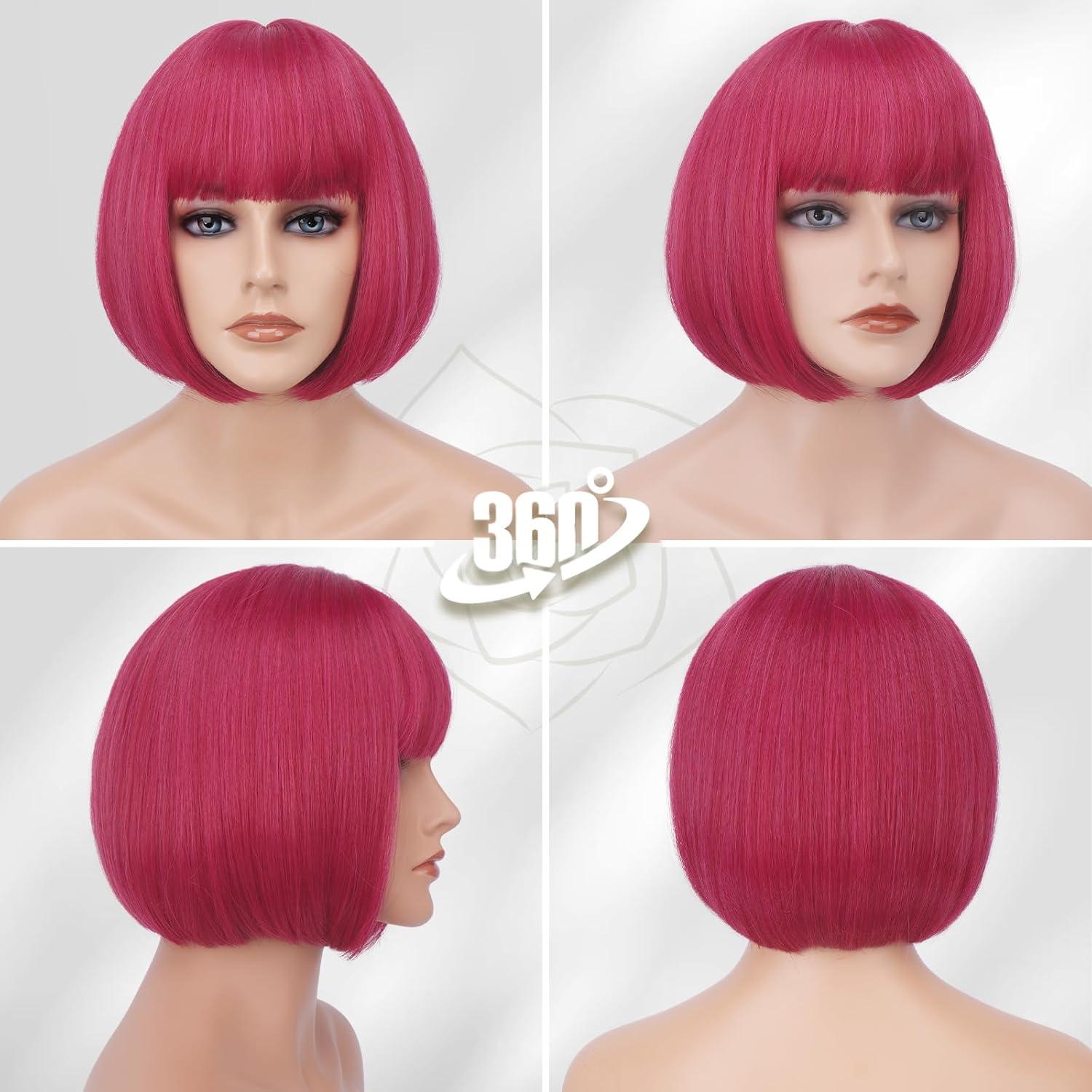 imageBARSDAR Courte Bob Perruque avec Franges 30cm Auburn Perruque pour Les Femmes Courte Cuivr Perruques Naturel Droite Synthtiques Synthtiques Rsistantes la Chaleur Perruques Cuivr AuburnRose Rouge