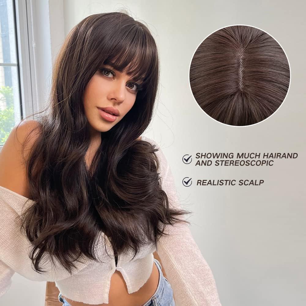 imageEsmee perruques brunes 24quotLong perruque synthtique avec High Density Headline naturelle chaleur permanente perruques cheveux pour les femmesBrun noir