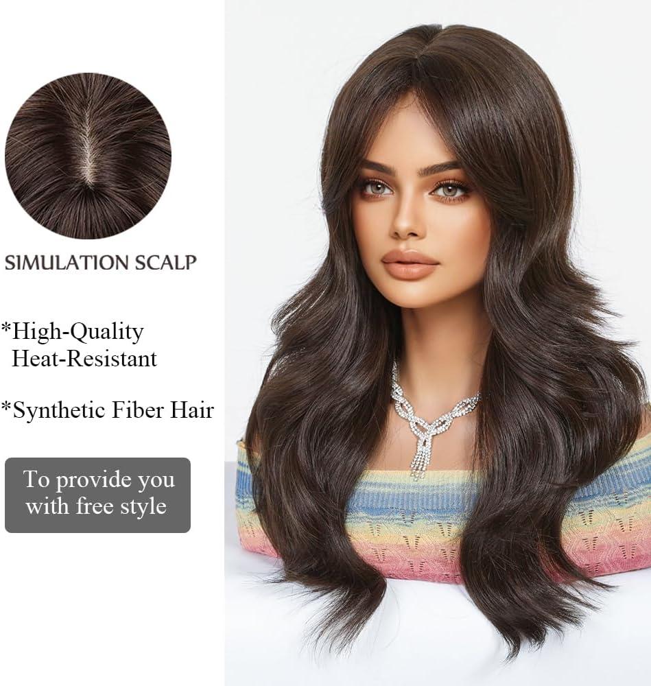 imageLongue Perruque mixte Brune avec Franges Perruques Ondules Naturelles pour Femmes Cheveux Synthtiques Naturels Perruques Rsistantes La Chaleur pour La Fte Quotidienne Cosplay WearBrun Fonc12617