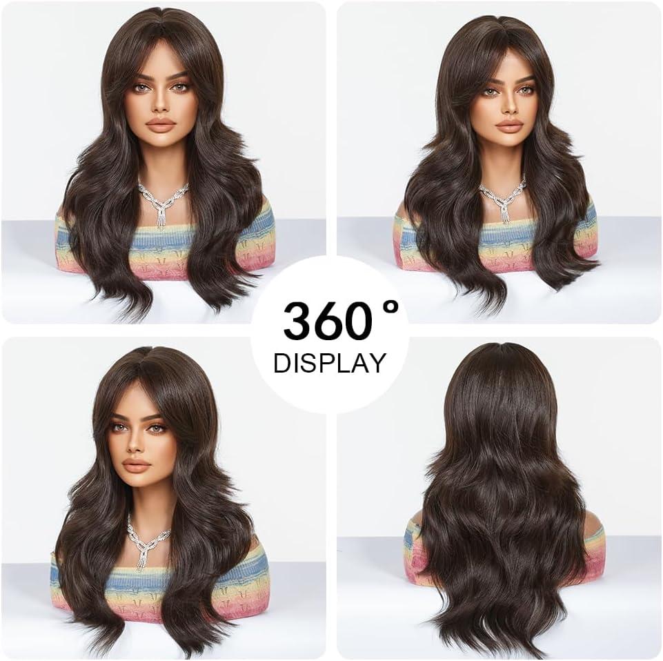 imageLongue Perruque mixte Brune avec Franges Perruques Ondules Naturelles pour Femmes Cheveux Synthtiques Naturels Perruques Rsistantes La Chaleur pour La Fte Quotidienne Cosplay WearBrun Fonc12617