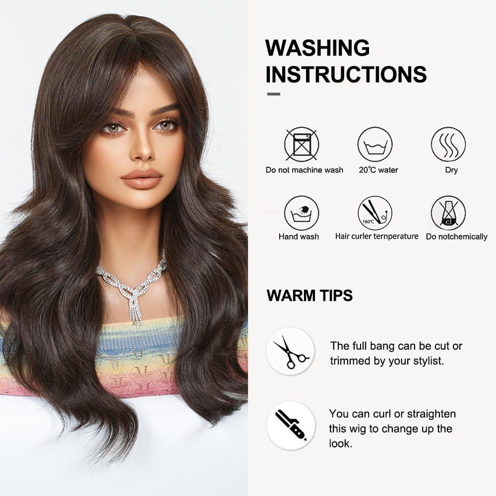 imageLongue Perruque mixte Brune avec Franges Perruques Ondules Naturelles pour Femmes Cheveux Synthtiques Naturels Perruques Rsistantes La Chaleur pour La Fte Quotidienne Cosplay WearBrun Fonc12617