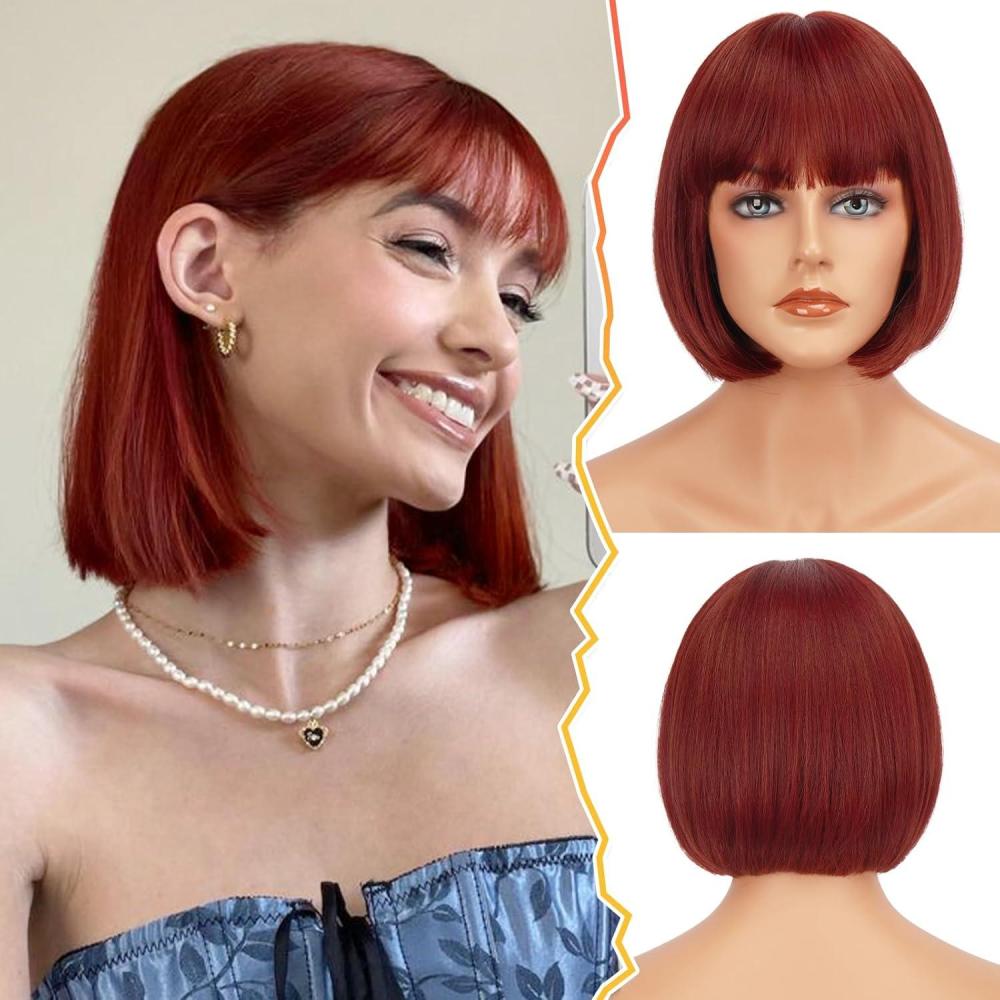 imageBARSDAR Courte Bob Perruque avec Franges 30cm Auburn Perruque pour Les Femmes Courte Cuivr Perruques Naturel Droite Synthtiques Synthtiques Rsistantes la Chaleur Perruques Cuivr AuburnRouge Cuivr