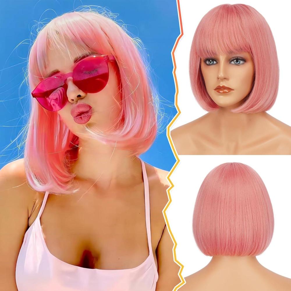 imageBARSDAR Courte Bob Perruque avec Franges 30cm Auburn Perruque pour Les Femmes Courte Cuivr Perruques Naturel Droite Synthtiques Synthtiques Rsistantes la Chaleur Perruques Cuivr AuburnRose