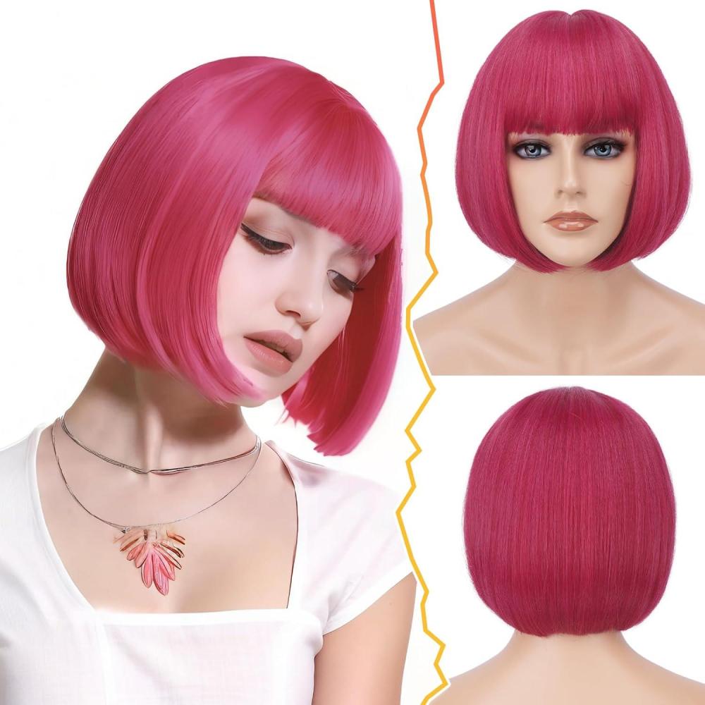 imageBARSDAR Courte Bob Perruque avec Franges 30cm Auburn Perruque pour Les Femmes Courte Cuivr Perruques Naturel Droite Synthtiques Synthtiques Rsistantes la Chaleur Perruques Cuivr AuburnRose Rouge