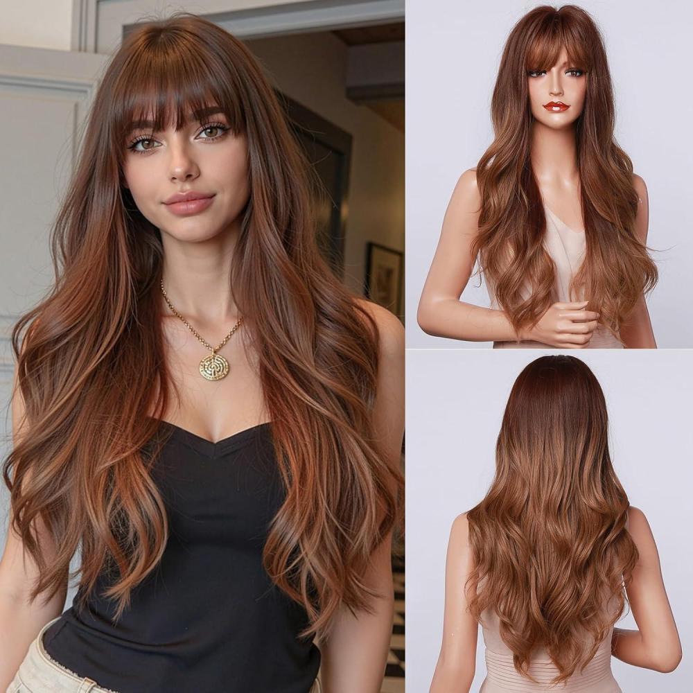 imageEsmee perruques brunes 24quotLong perruque synthtique avec High Density Headline naturelle chaleur permanente perruques cheveux pour les femmesBrun miel Ombre