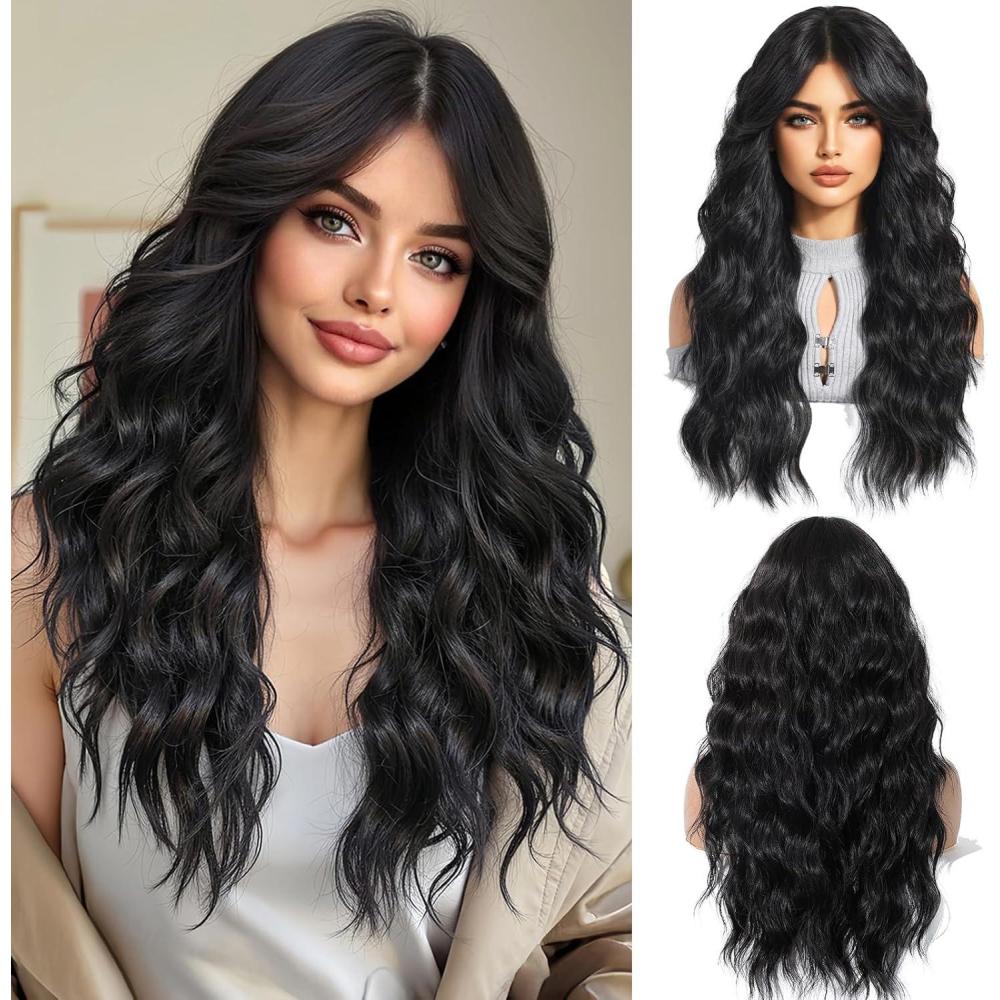 imageLongue Perruque mixte Brune avec Franges Perruques Ondules Naturelles pour Femmes Cheveux Synthtiques Naturels Perruques Rsistantes La Chaleur pour La Fte Quotidienne Cosplay WearBrun noir 12721