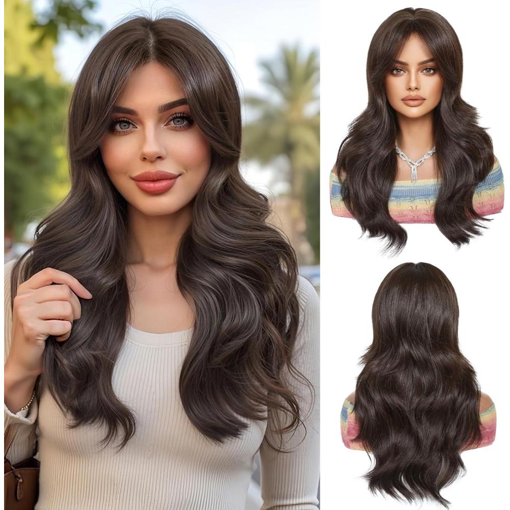 imageLongue Perruque mixte Brune avec Franges Perruques Ondules Naturelles pour Femmes Cheveux Synthtiques Naturels Perruques Rsistantes La Chaleur pour La Fte Quotidienne Cosplay WearBrun Fonc12617