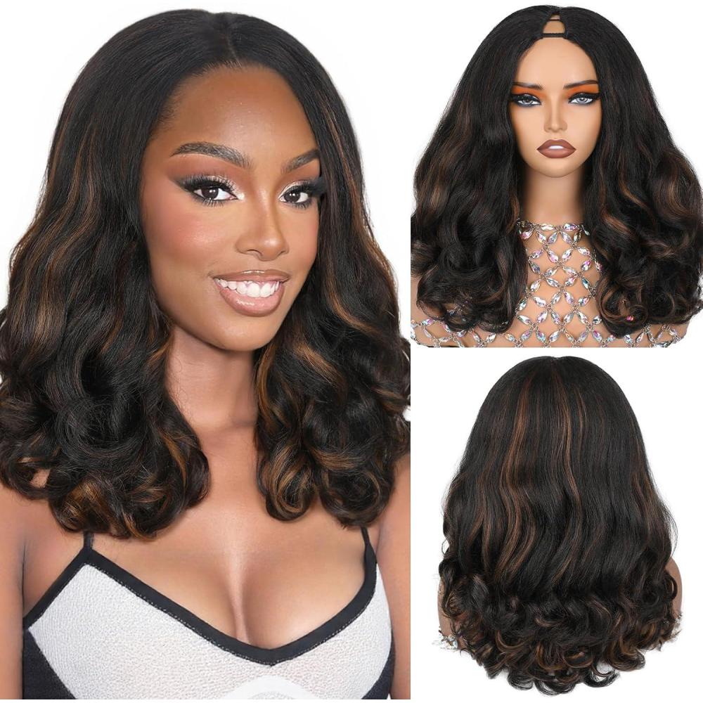 imageWIGNEE Perruque Yaki boucle en V 56 cm sans colle synthtique naturelle rsistante la chaleur pour femme noire pour un usage quotidien1BM30