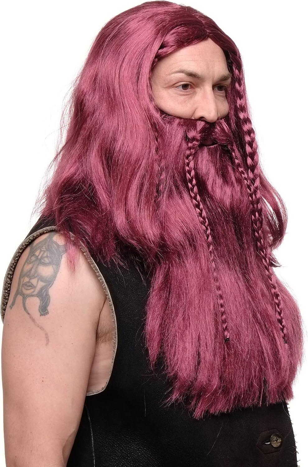 imageWIG ME UP Longue perruque et moustache brunes tresses homme carnaval Viking nain germain RJ033P6rouge P67
