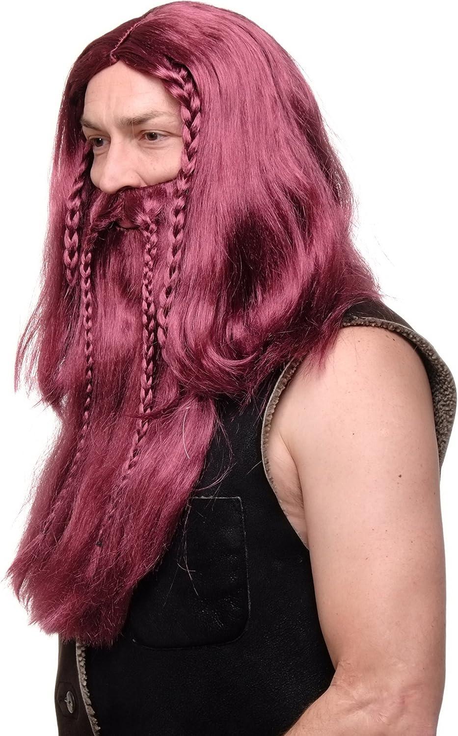 imageWIG ME UP Longue perruque et moustache brunes tresses homme carnaval Viking nain germain RJ033P6rouge P67