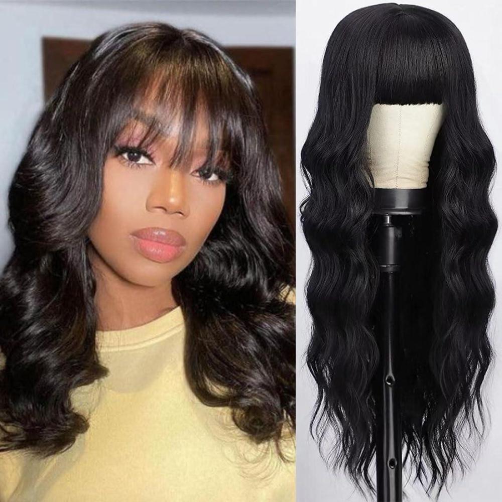imagePerruque femme naturelle brsilien 18 pouces perruque de cheveux onduls Humain avec frange sans colle 1B Natural Black Body Wave Glueless Wig Human Hairnoire naturelle