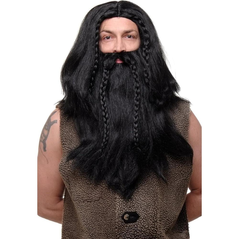 imageWIG ME UP Longue perruque et moustache brunes tresses homme carnaval Viking nain germain RJ033P6noir P103