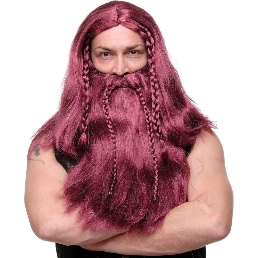 imageWIG ME UP Longue perruque et moustache brunes tresses homme carnaval Viking nain germain RJ033P6rouge P67
