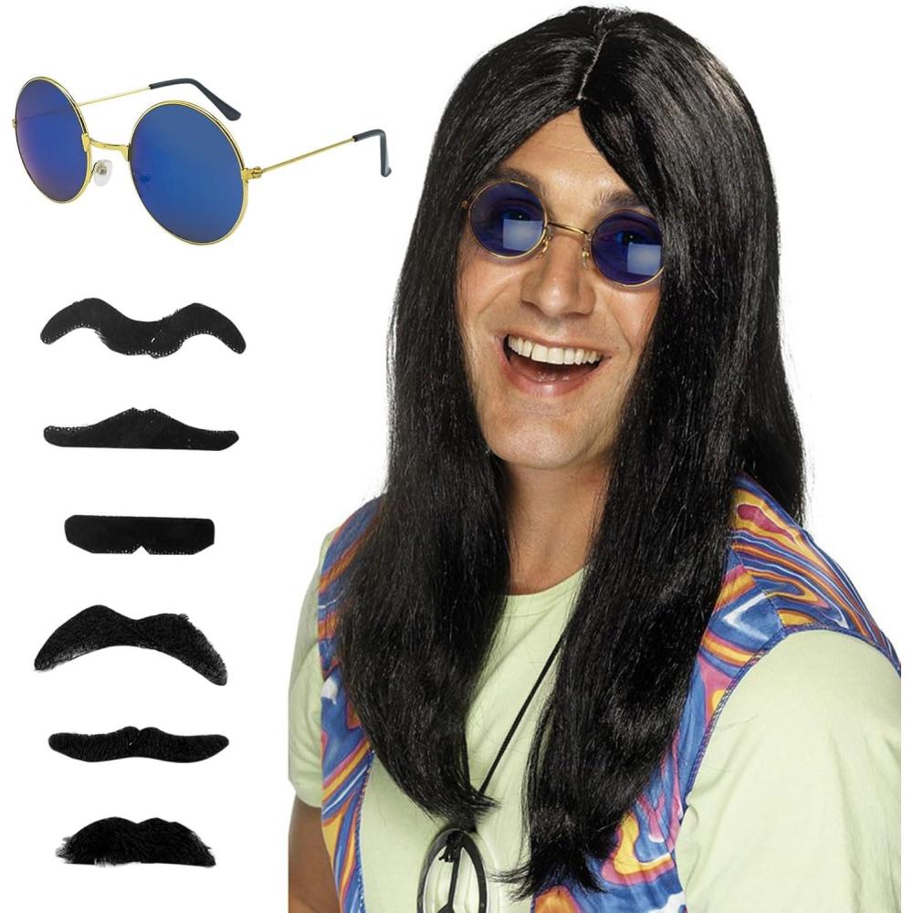 image3 Pices Ensemble de Costume Hippie Annes 70  Perruque Noire Moustache Lunettes de Soleil  Accessoires pour Ftes Carnavals HalloweenNoir