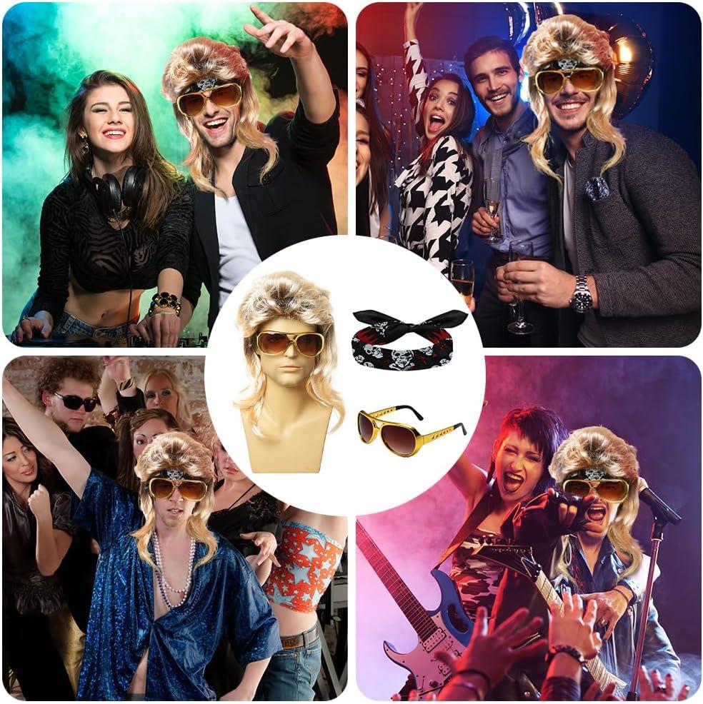 imageDeguisement Annee 80 Homme Accessoire Perruque Homme Chic Annees 70 80 Deguisement Hippie Homme Carnaval Dguisement Homme Adulte Deguisement Hippie Ado avec Lunettes et Fichu Punk TenueDisco