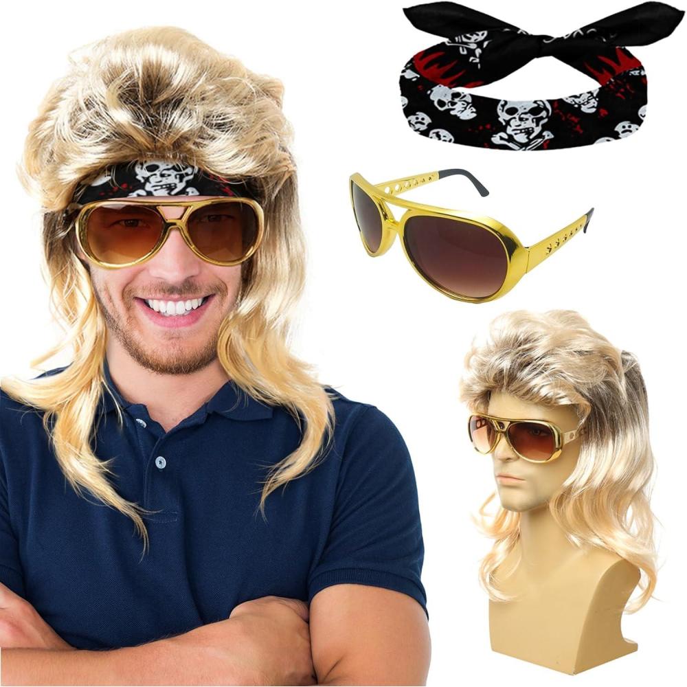 imageDeguisement Annee 80 Homme Accessoire Perruque Homme Chic Annees 70 80 Deguisement Hippie Homme Carnaval Dguisement Homme Adulte Deguisement Hippie Ado avec Lunettes et Fichu Punk TenueDisco