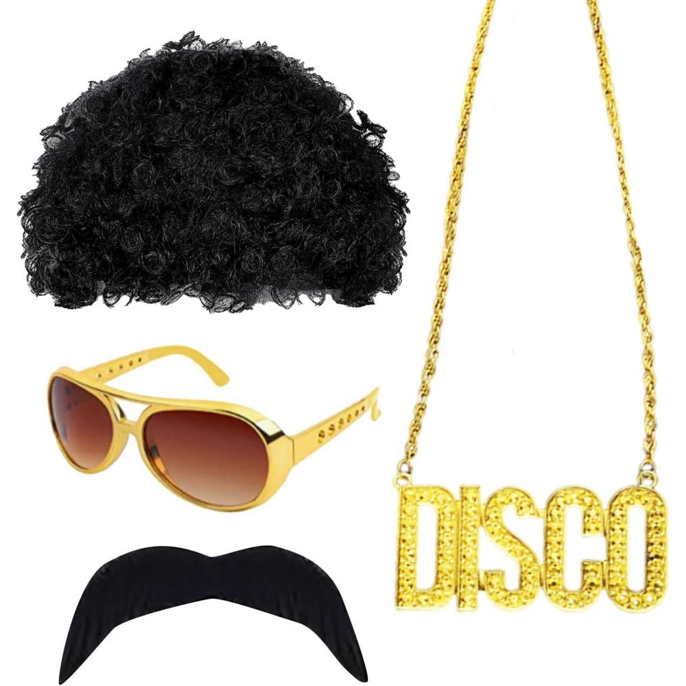 imageKRYMSON Lot de 4 vtements hippie des annes 70 pour homme perruque afro moustache collier avec pendentif lunettes de soleil pour carnaval festivals de musique et ftes