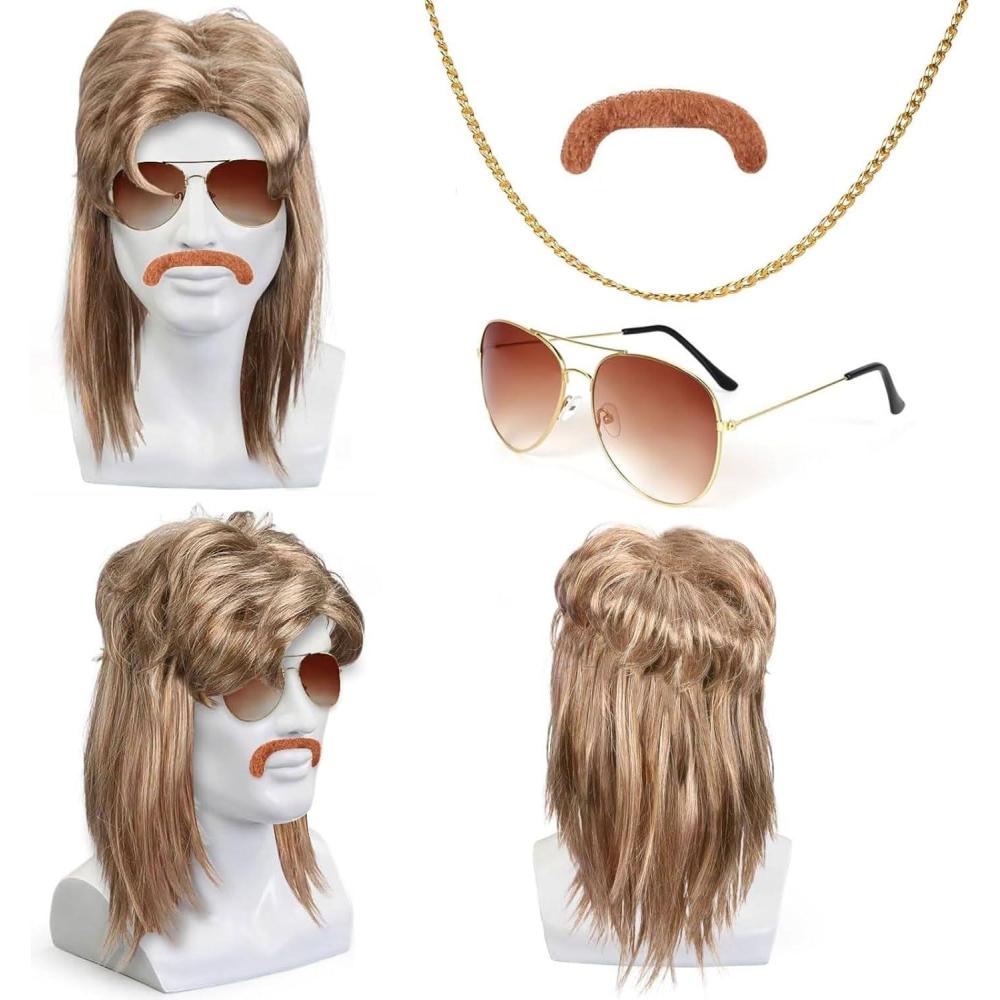 imagePerruque Coupe Mulet Homme 4 Pices Perruque Anne 80 Anne 70 Mulet Accessoire Annee 80 Convient aux Hommes Look de soire endiable Costumes de carnaval Costumes pour Halloween