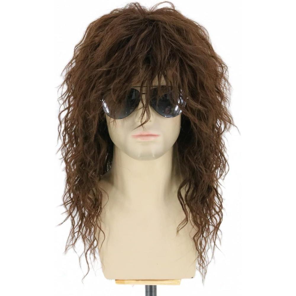 imageTopcosplay Perruque Homme des annes 80 des annes 70 Perruque nuque longue Proll mulet Perruque Punk Blonde pour Carnaval Halloween Marron Mlang BlancPerruque brune