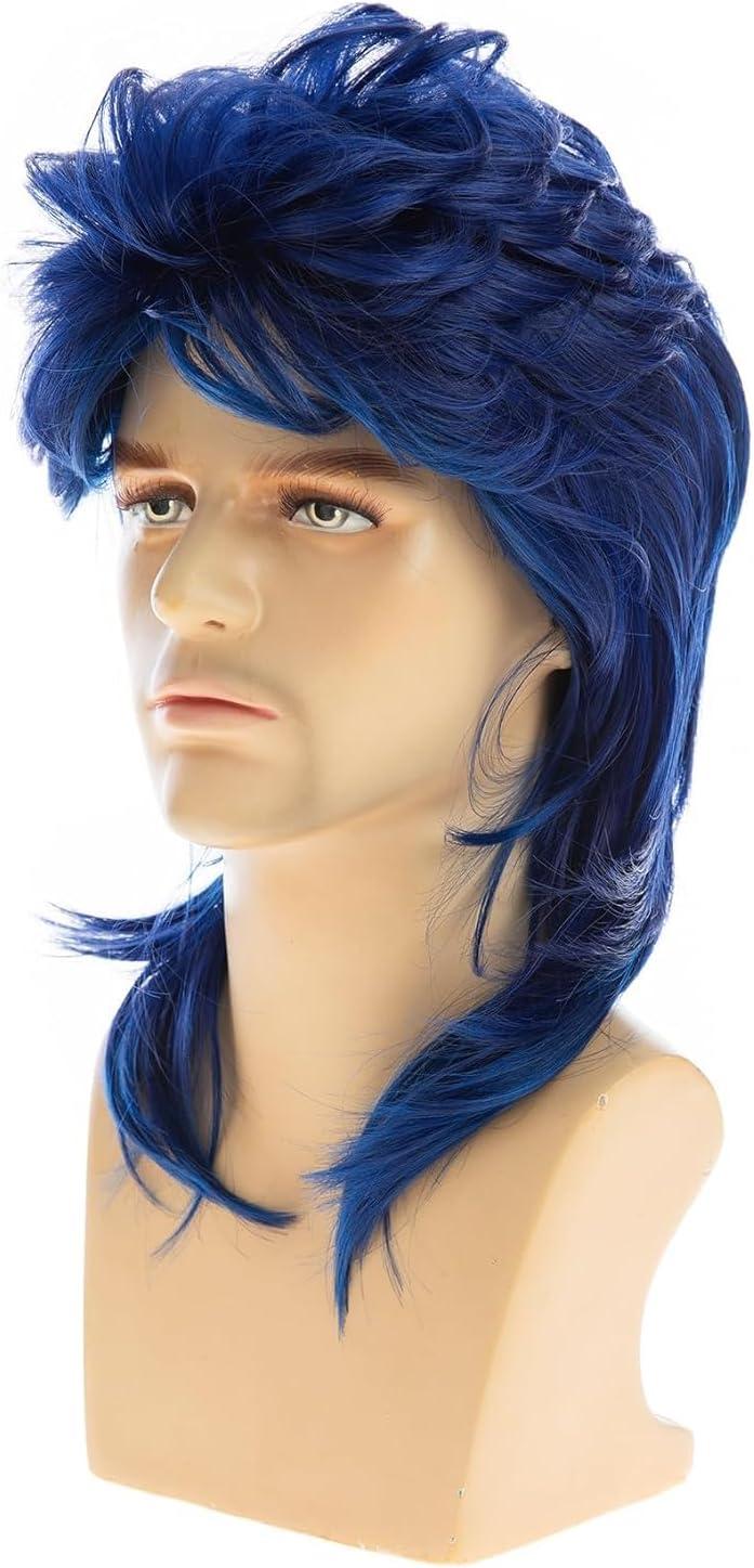 imagePerruque Mulet Homme Marron Boucl Annes 70 Annes 80 Cosplay Costume Halloween Perruque Rtro Disco Punk Rocker PerruquesBleu
