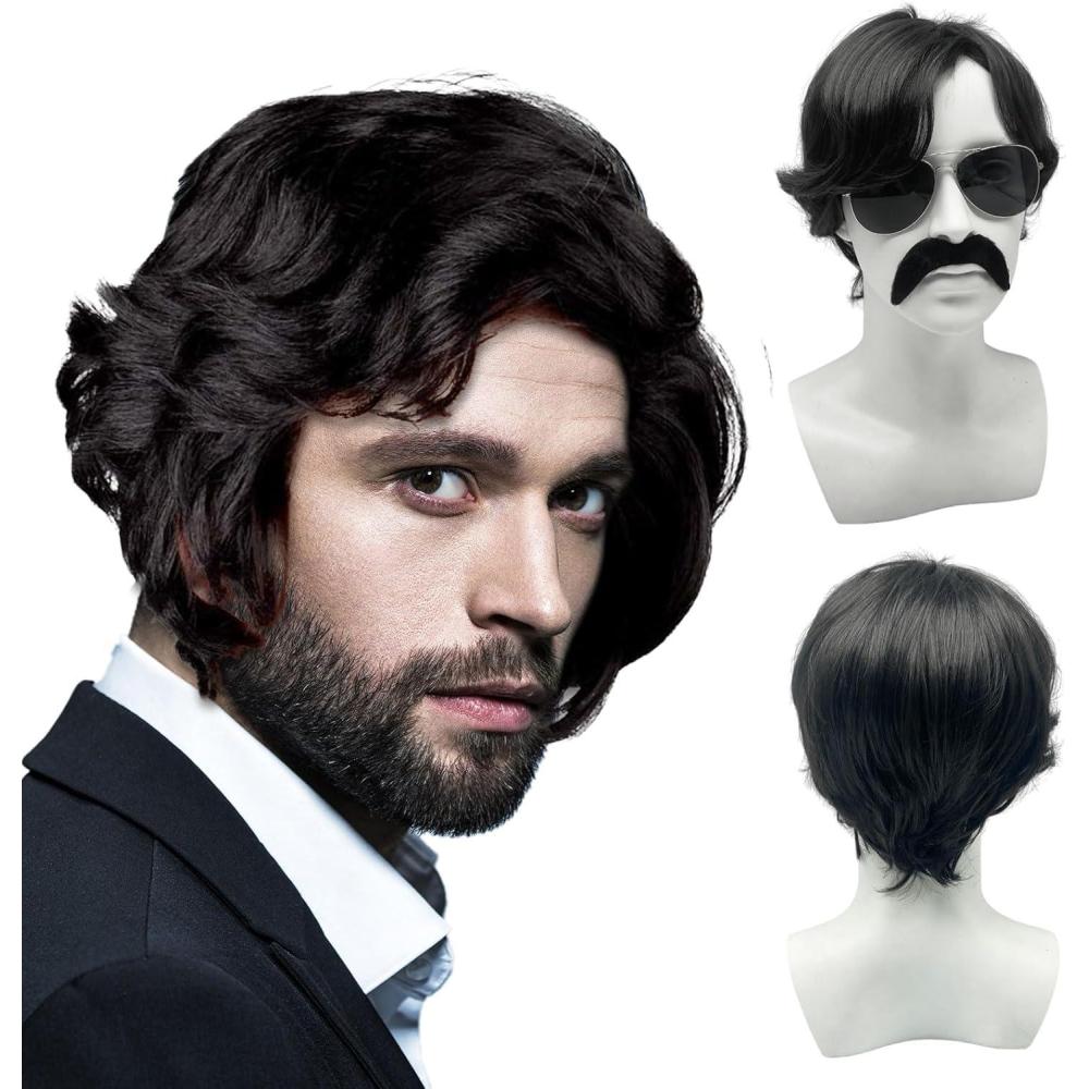 image3 Pices Perruque Hommes Noir Moustache Lunettes de Soleil Carnaval Halloween Boucles Perruque Rock Afro Deguisement Hippie Homme Perruque pour 60s 70s 80s Homme Costume Disco Cosplay NoirNoir