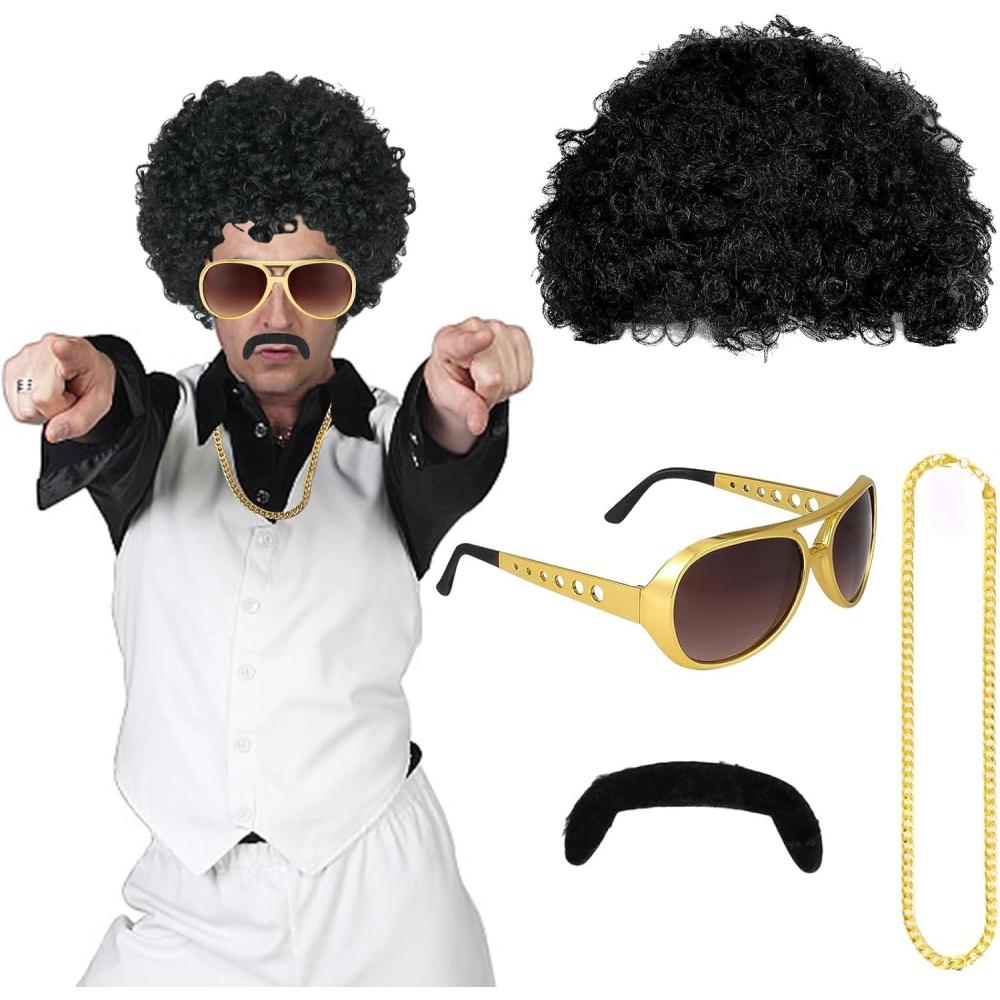 imageHyran Deguisement Hippie pour Homme Ensemble 4 Pices Annes 70 ampamp 80 avec Perruque Afro Lunettes Collier Moustache Dguisement Adulte pour Carnaval Disco Ftes Thme Halloween
