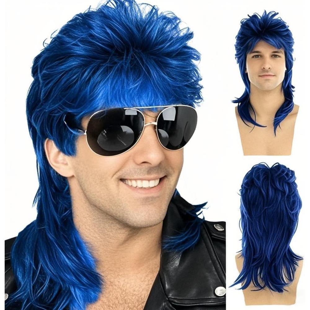imagePerruque Mulet Homme Marron Boucl Annes 70 Annes 80 Cosplay Costume Halloween Perruque Rtro Disco Punk Rocker PerruquesBleu