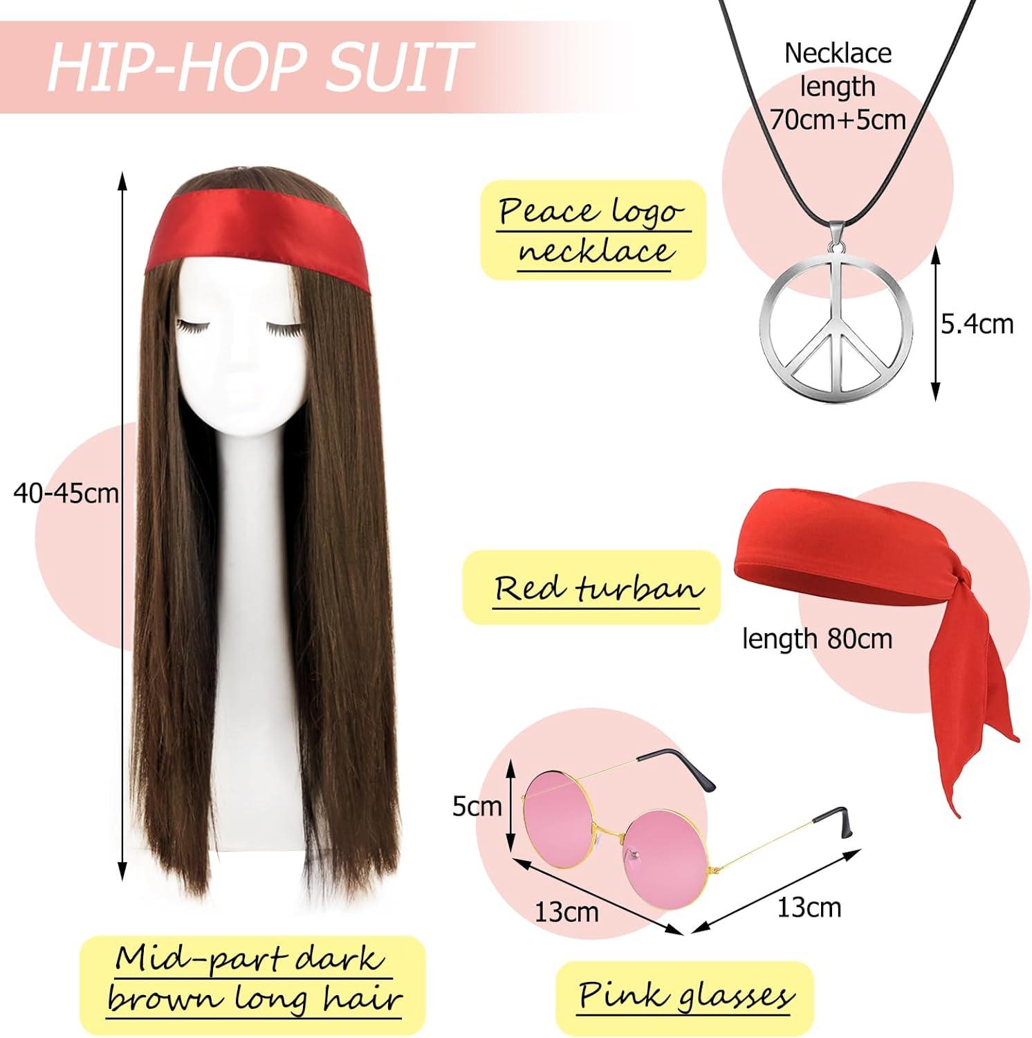 imageDeguisement Hippie Deguisement Hippie Costume Hippie Femme Homme Deguisement Annees 80 70 60s Perruque Homme Accessoires Hippie pour Halloween Decoration Annees 70 Dguisement Hippie
