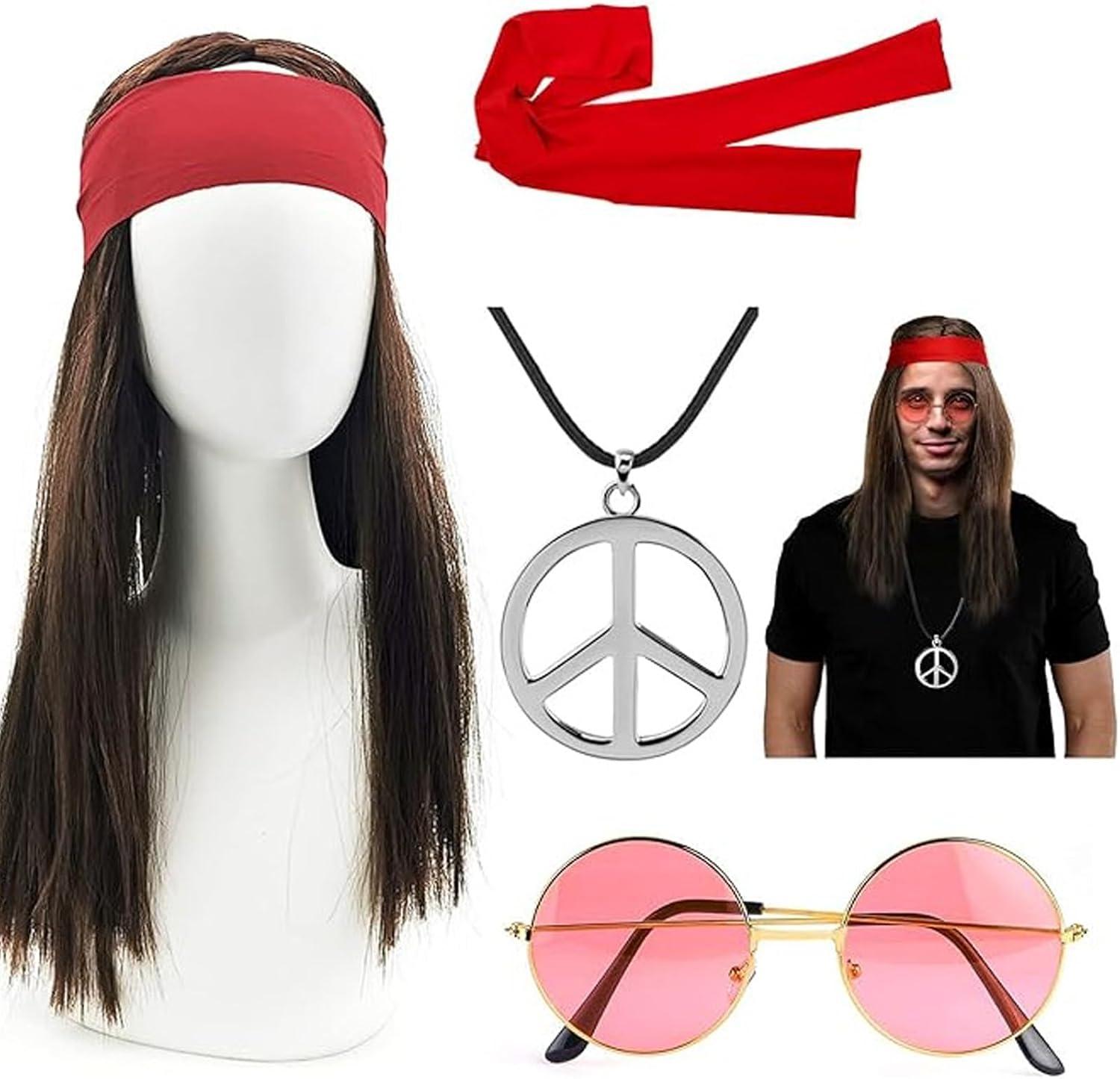 imageDeguisement Hippie Deguisement Hippie Costume Hippie Femme Homme Deguisement Annees 80 70 60s Perruque Homme Accessoires Hippie pour Halloween Decoration Annees 70 Dguisement Hippie