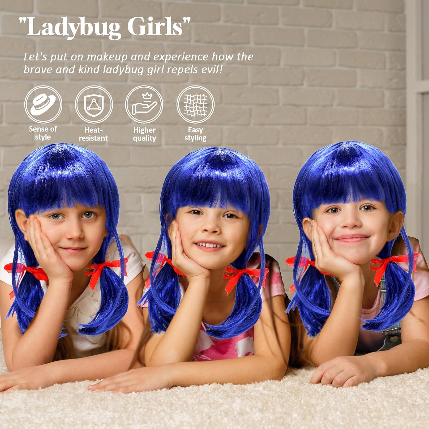 imagePerruque Ladybug Enfants Courte Cosplay Bleue Ladybird Filles avec Rubans Rouges Perruque en Fibre Synthtique Costume Carnaval Mascarade