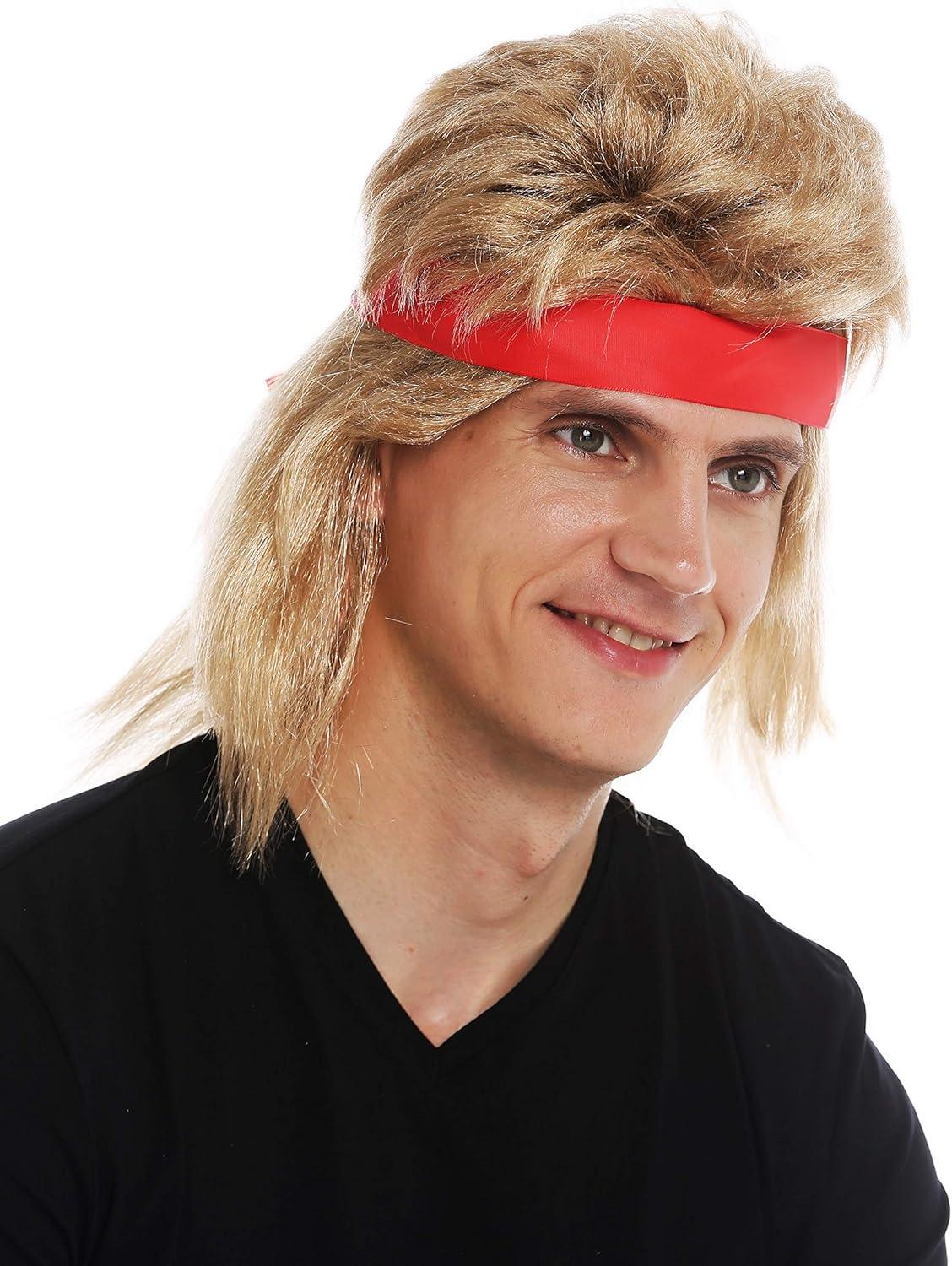 imageWIG ME UP SARL002FR702 Perruque Halloween Carnaval Hommes Longue Blond mulet Bandeau annes 80 Star daction Wrestler