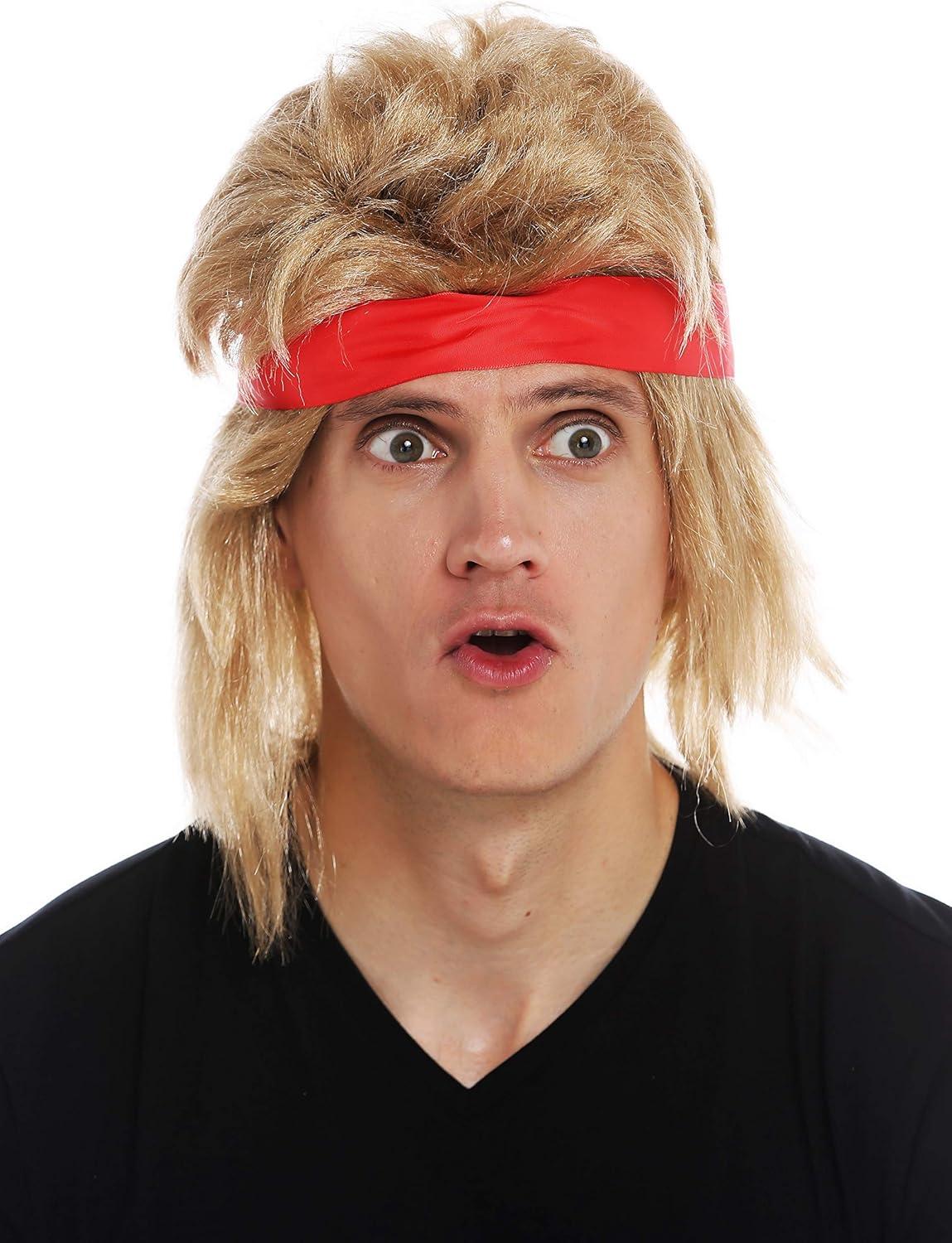 imageWIG ME UP SARL002FR702 Perruque Halloween Carnaval Hommes Longue Blond mulet Bandeau annes 80 Star daction Wrestler