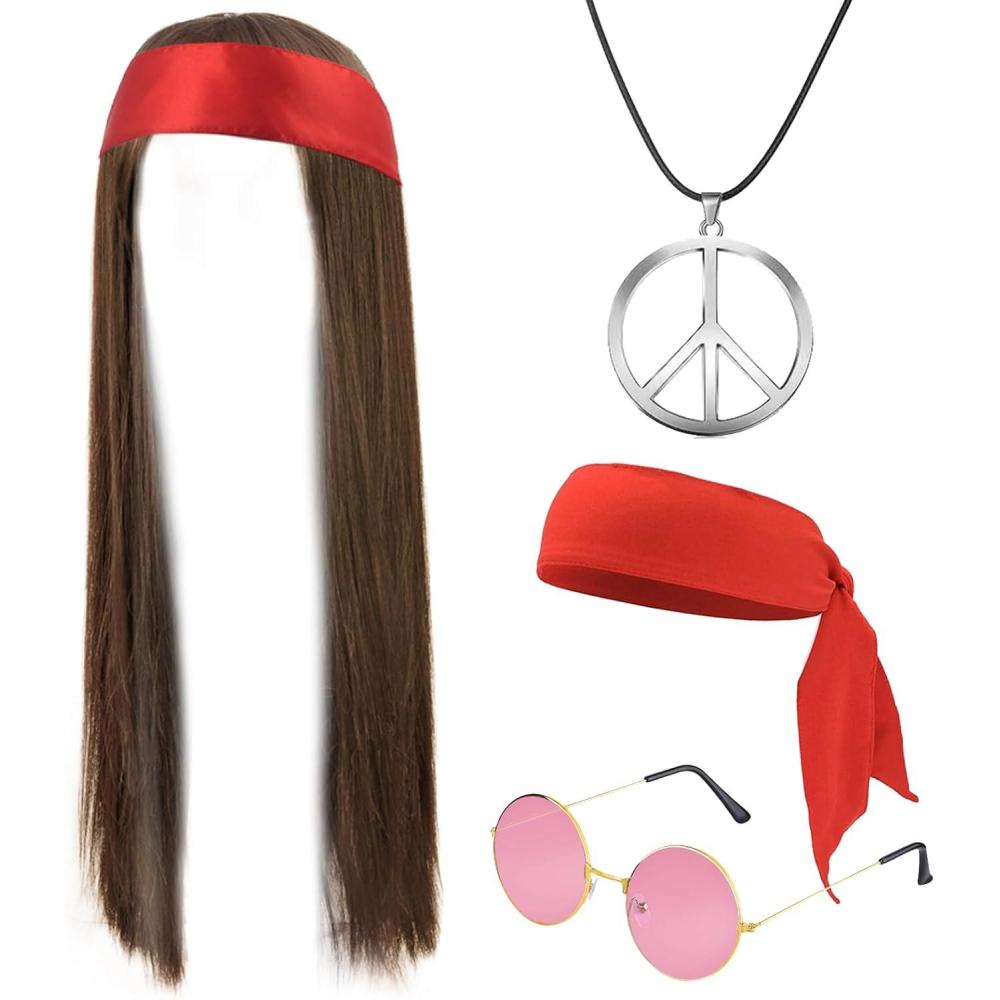 imageDeguisement Hippie Deguisement Hippie Costume Hippie Femme Homme Deguisement Annees 80 70 60s Perruque Homme Accessoires Hippie pour Halloween Decoration Annees 70 Dguisement Hippie