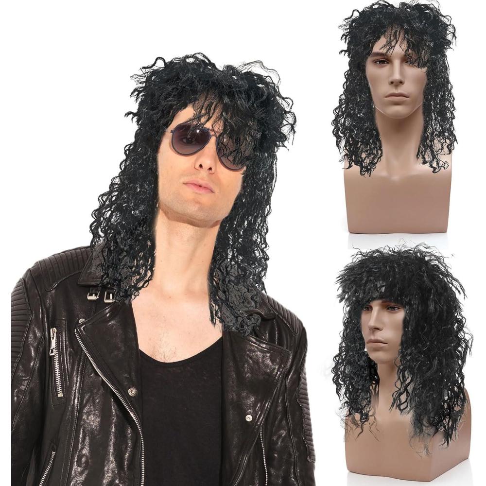 imagePerruque Homme Noir mulet 70s 80S Halloween Costumes bascule Dude Perruque pour Carnaval Halloween Costume Party Perruque Punk Perruque nuque longue Rock Star Cosplay NoirNoir