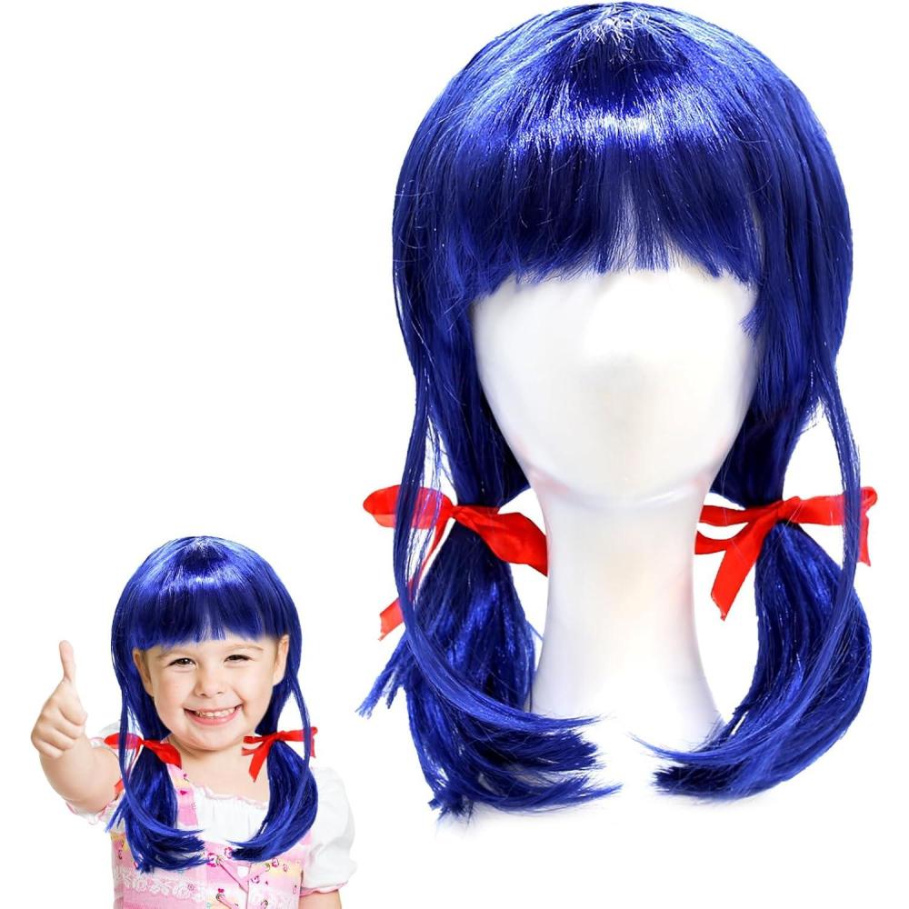 imagePerruque Ladybug Enfants Courte Cosplay Bleue Ladybird Filles avec Rubans Rouges Perruque en Fibre Synthtique Costume Carnaval Mascarade