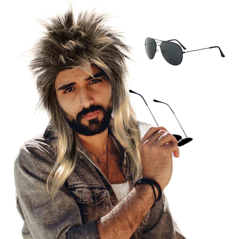 imagePerruque Mulet Homme des annes 80 Perruque Hippie avec Lunettes de Soleil pour Carnaval Halloween Hippie Deguisement Punk Gothique Rocker Kit Afro Style Disco 70s BlondeBlonde
