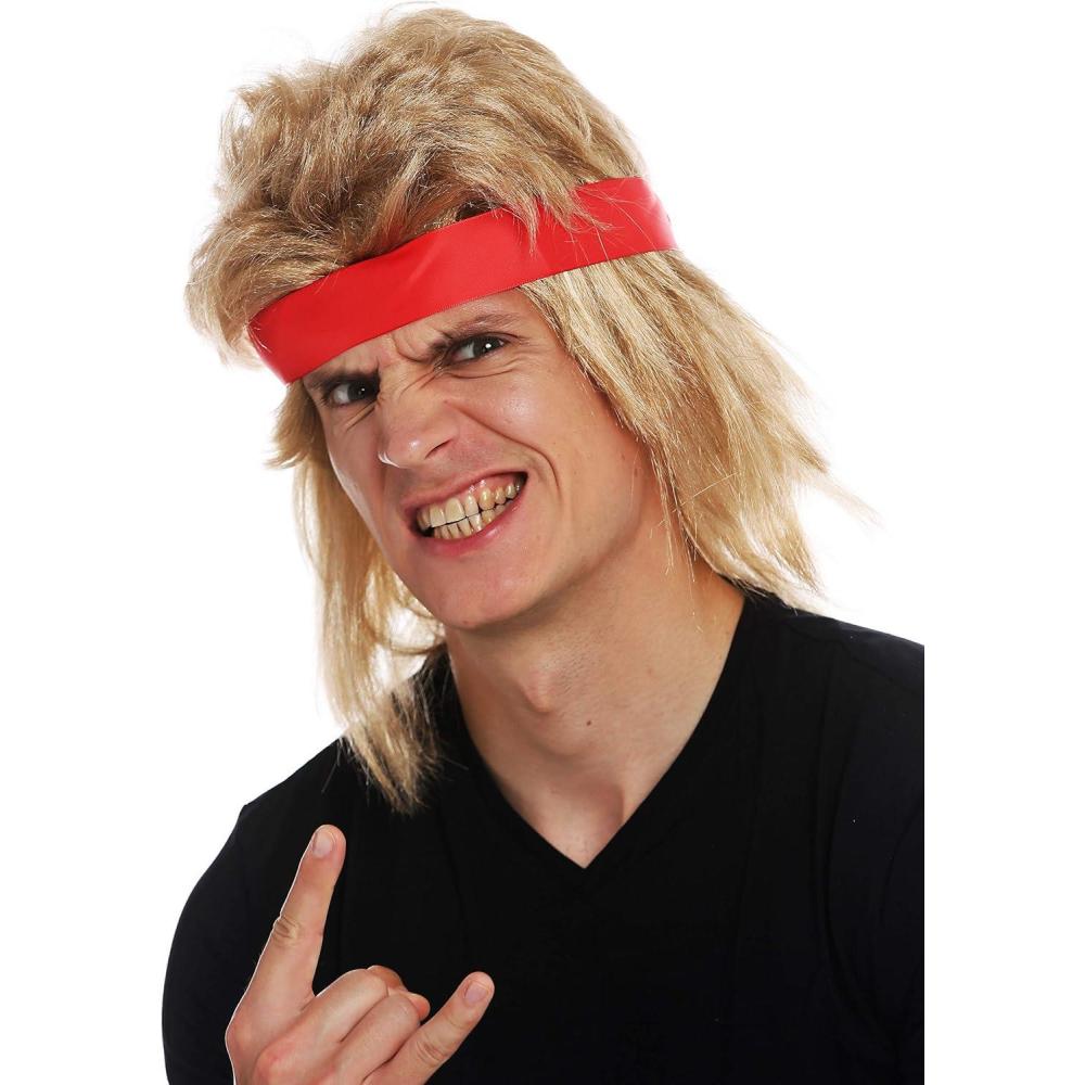 imageWIG ME UP SARL002FR702 Perruque Halloween Carnaval Hommes Longue Blond mulet Bandeau annes 80 Star daction Wrestler
