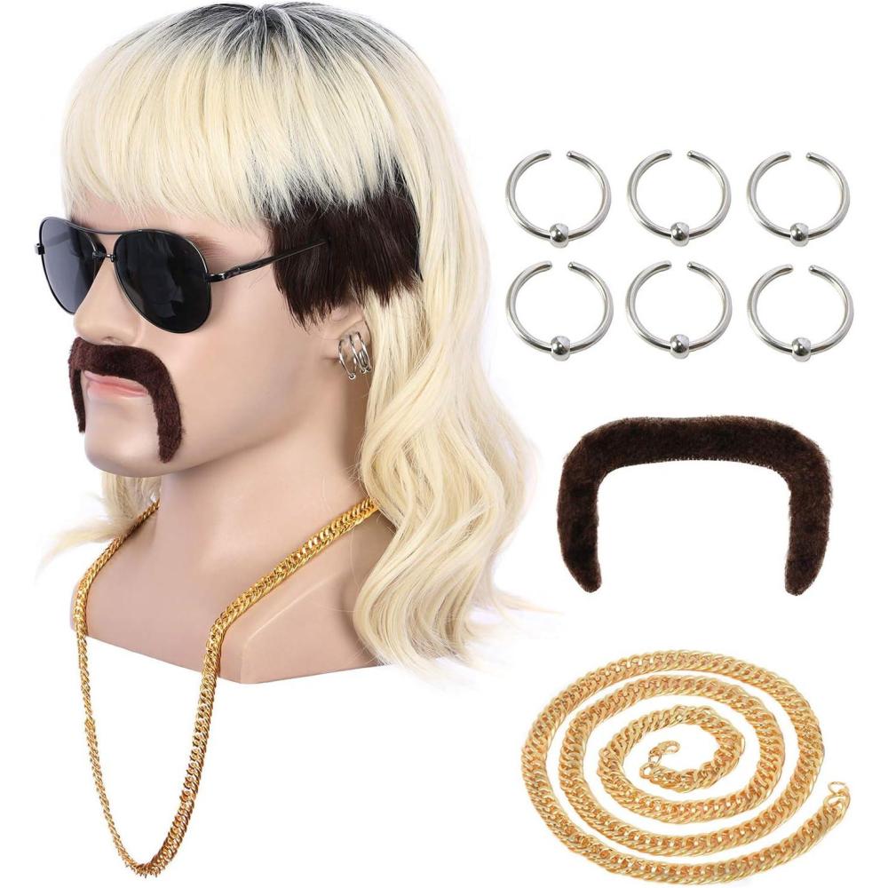 imageYuehong Perruque Homme Mullet Longue Boucle Noire aux Racines Blondes de Mode Style Rock Star Annes 70 80 Disco Fte Costume Cheveux avec Boucles dOreilles Moustache Collier